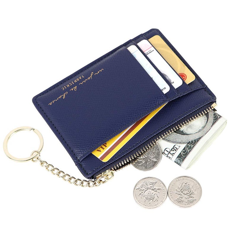 Cynure Women's 8 Cards Slim Minimalist Card Holder Coin Changes Purse Keychain Front Pocket Wallet, navy blue - Image 2